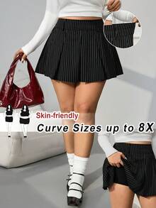 SHEIN CURVE+ Plus Size Striped Pleated Casual Versatile Minimalist A-Line Skirt - Black - View 1