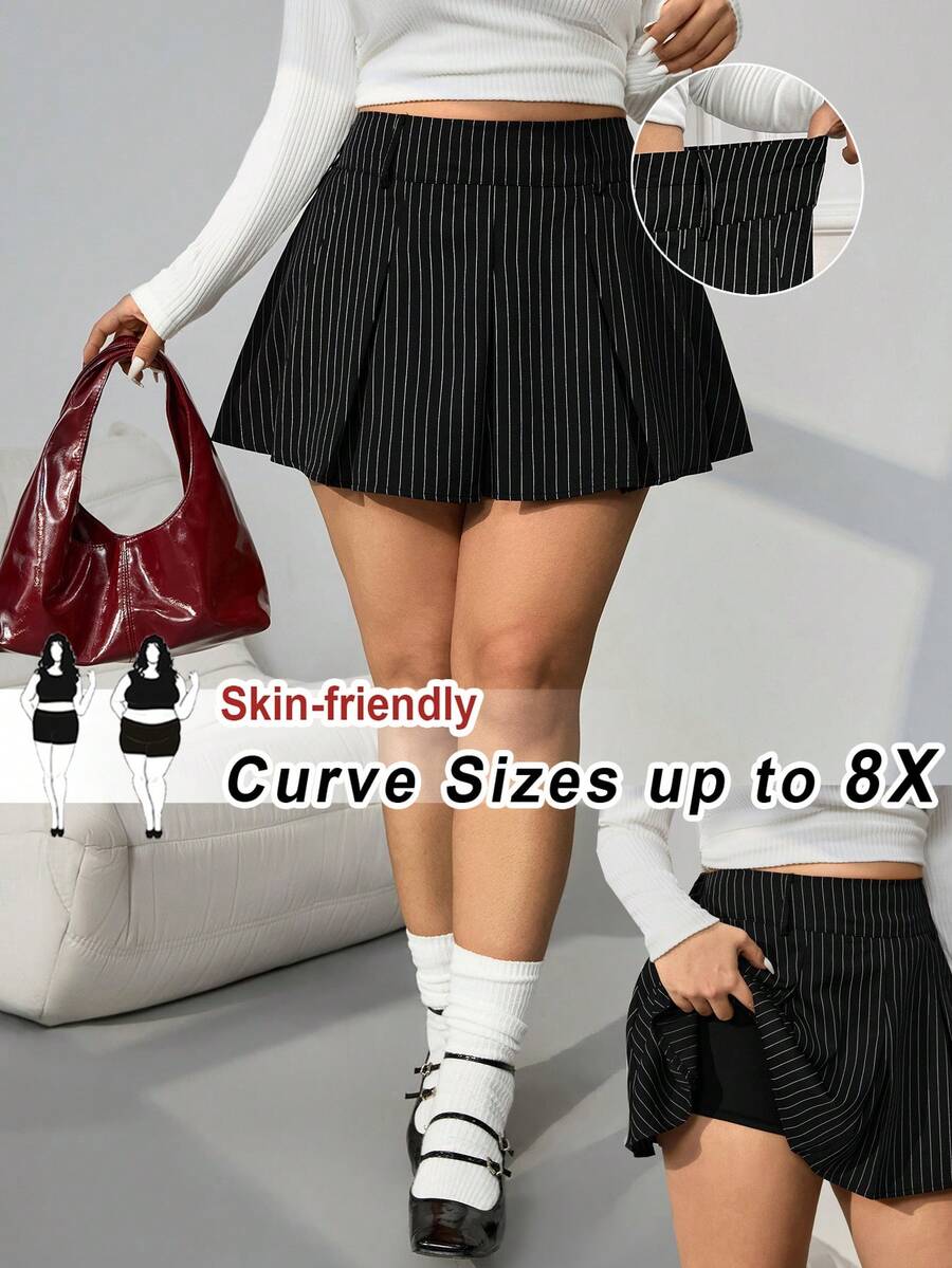 SHEIN CURVE+ Plus Size Striped Pleated Casual Versatile Minimalist A-Line Skirt - Black - View 1