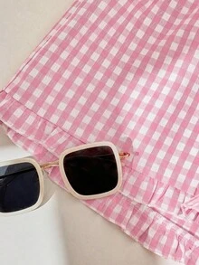 SHEIN EZwear 3件套女士系带腰宽松休闲荷叶边刺绣短裤套装，贴布图案 - 彩色 - 查看 9