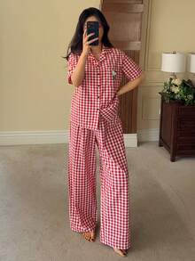 HELLO KITTY | DAZY Summer Graphic Print Plaid Loose Women Pajama Set - Red - View 4