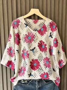 Voyazaga Plus Size Women's Fashion Short-Sleeve Sweater,Small V-Neck Openwork Animal Floral Print,White,Summer,Boho,Flowy,Vacation,Holiday Casual Minimalist - Hot Pink - View 1