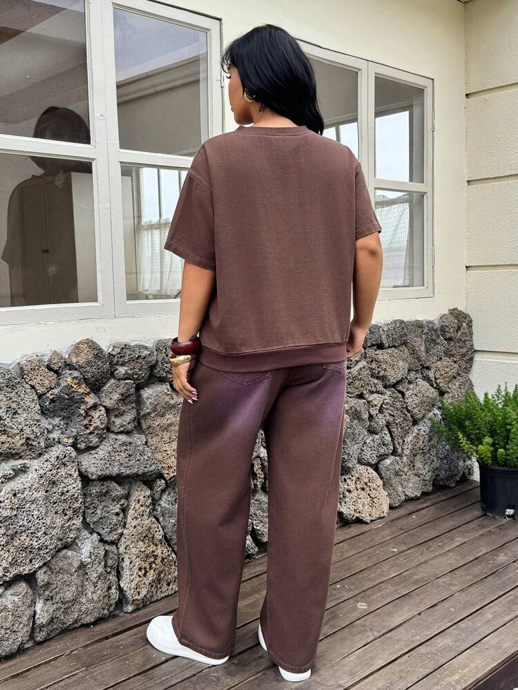 Dazy Plus Plus Size Women 2-Piece Set, Letter Embroidery Washed Dark Blue Loose Long Sleeve Top And Pants, Suitable For Spring And Autumn Summer