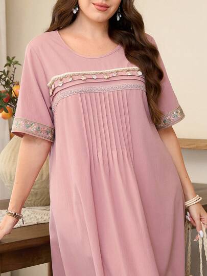 Lacomfia Plus Size Women's Loose Casual Floral Lace Patchwork Short Sleeve Long Dress, Pink
