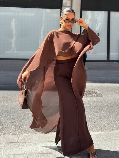NegzBox 2025秋冬新款通勤优雅休闲度假棕色圆领不对称披肩开衫+高腰阔腿长裤女两件套，旅行，通勤，聚会，度假，老款风格，逛街，宴会，优雅，派对，约会，休闲
