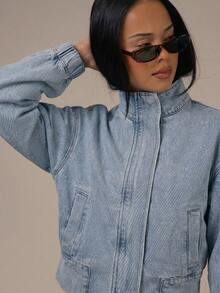 MUSERA Áo khoác denim cổ cao tay phồng có khóa kéo, phong cách mùa xuân hè dễ thương ấm áp kiểu nhà tranh, giọt sương mai mùa xuân. - Màu xanh nhạt - Xem 3