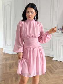 Modelyn Women's Elegant Sexy Party Golf Date Solid Color Lantern Sleeve Mid-Length Dress Pastal Autumn - Pink - View 1