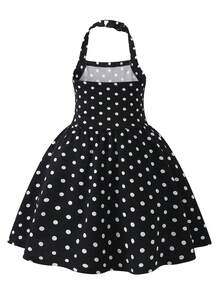 Elegant Black And White Polka Dot Halter Mini Dress,Summer Party Beach Vacation Ruched Front Layered Ruffle Hem Textured Fabric For Young Women - Black - View 2