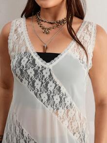 Freevana Women's Brown Lace Patchwork Slip Dress, Summer Glam Night Out Club Party V-Neck Spaghetti Strap Asymmetrical Floral Paneling Lightweight Chiffon Midi - Beige - View 8