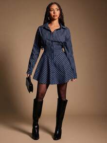 Radiana Plus Size Fashionable Commuter Striped Front Button Dress, Navy Blue - Navy Blue - View 3