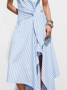 SHEIN Luminelle Đầm nữ mới, kẻ sọc, họa tiết, cổ tròn, không tay, thắt eo, kiểu dáng thanh lịch, thích hợp cho mùa xuân/hè. - Màu xanh lam - Xem 5