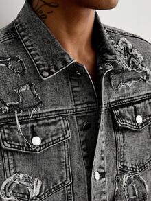 GALLERY FADE Chaleco vaquero casual de moda callejera para hombres con bordado, gris oscuro - Gris Oscuro - Ver 6