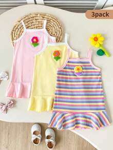 SHEIN Playful Pals 这款女童三件套吊带连衣裙，柔软舒适，简约清新，色彩缤纷，是夏季的理想之选。款式甜美俏皮，充满童趣。采用厚度适中的针织面料，A字鱼尾裙摆，饰以水果印花图案，荷叶边裙摆更添灵动可爱。适合日常外出、亲子活动、亲子装扮、居家休闲、参加派对和夏季花园聚会等各种场合。 - 彩色 - 查看 4