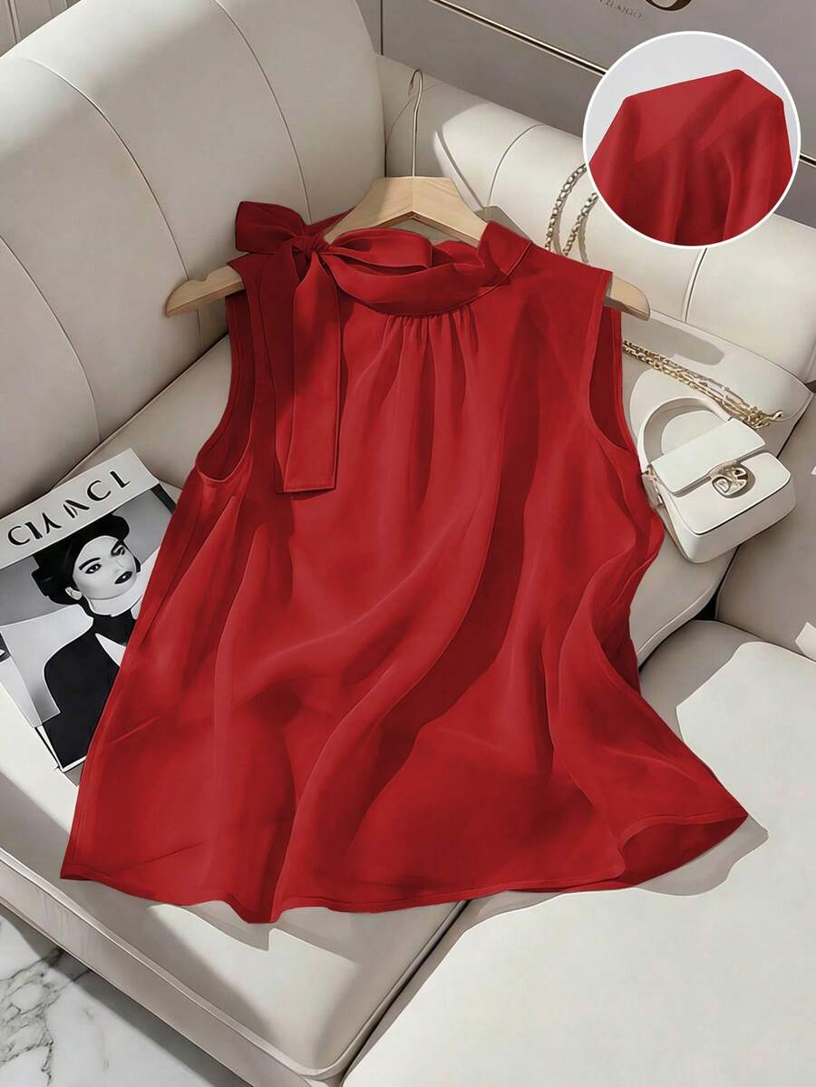 Qadelle Nouveau Top de printemps/été avec liens sur les côtés, boutons et sans manches. Blouse élégante et polyvalente pour femmes - Rouge - Voir 1