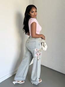 Alexandranx 女士新款优雅高端情人节精致刺绣蓝色直筒牛仔裤 - 藍色 - 查看 1