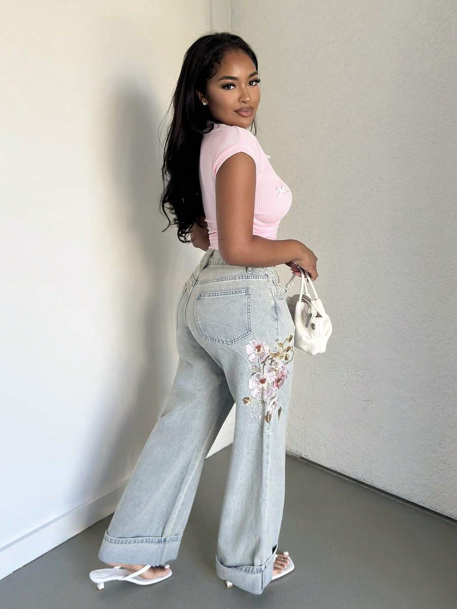 Alexandranx 女士新款优雅高端情人节精致刺绣蓝色直筒牛仔裤 - 藍色 - 查看 1