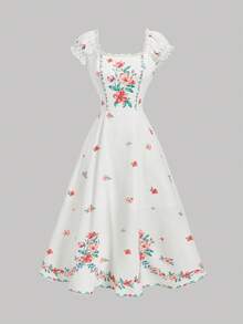 SHEIN MOD Women's Elegant Floral Print Square Neck Puff Sleeve Midi Dress,White And Pink Summer Casual French Style Picnic Tea Party Mid-Length Chic Dresses - Multicolor - View 5