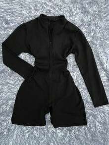 SHEIN Jumpsuit Wanita Ukuran Besar Model Slimming Lengan Panjang dengan Resleting, Model Terbaru - Hitam - View 1