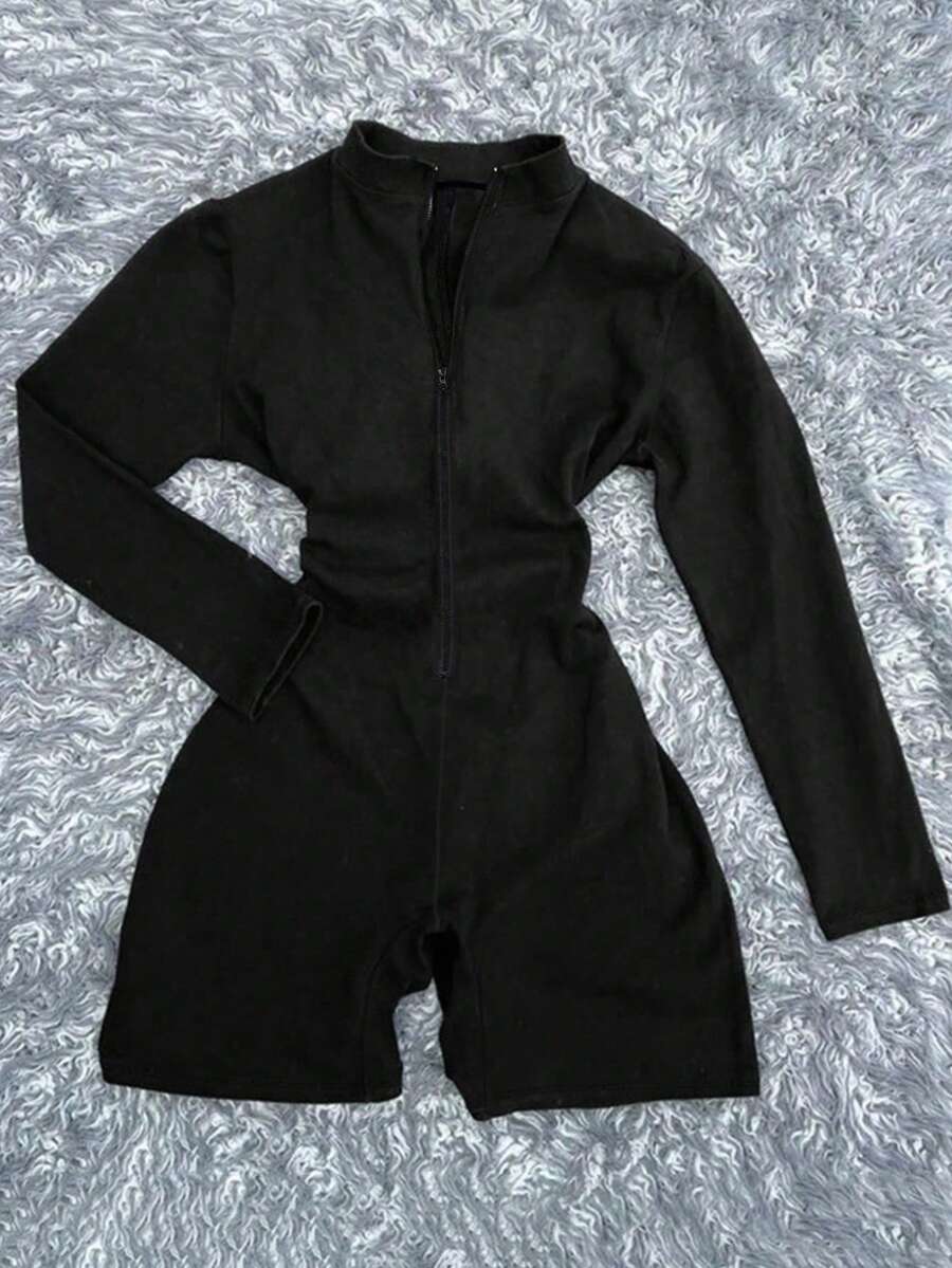 SHEIN Jumpsuit Wanita Ukuran Besar Model Slimming Lengan Panjang dengan Resleting, Model Terbaru - Hitam - View 1