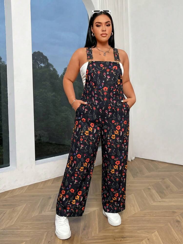 Flirla Macacão Casual com Estampa Floral para Mulheres Plus Size