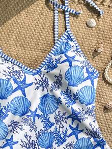 SHEIN Swim Mod Áo tắm liền thân nữ họa tiết ngẫu nhiên, dây mảnh, xếp ly, thích hợp cho mùa xuân/hè. - Nhiều màu - Xem 5