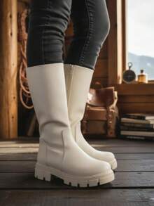 botas altas de princesa para niñas, material de PU suave, diseño lisos, punta redonda, suela gruesa, forro térmico, botas de caña alta cálidas y de moda, adecuadas para uso casual, vacaciones, fiestas, otoño/invierno - BEIG - Ver 2