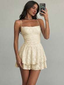Aloruh Women's Cutout Back Tie Design Ruffle Hem Jumpsuit - Apricot - View 4