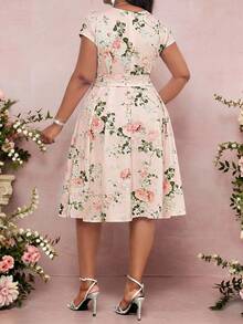 SHEIN Lady Plus Size Elegant Floral Print Party Dress, Summer - Pink - View 2