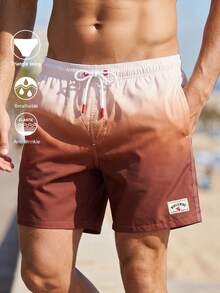 Manfinity Swimmode 男士漸層抽繩腰口袋沙灘短褲 米色 夏季休閒 沙灘度假 夏威夷熱帶泳褲 情侶款 - 棕色 - 查看 2