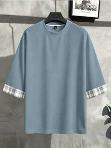 Manfinity Hypemode Plus Size Men's Casual Plaid Patchwork T-Shirt, Summer - Dusty Blue - View 5