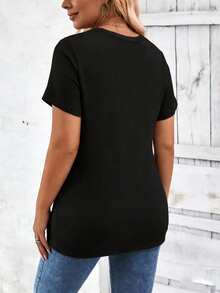 EMERY ROSE Casual Gothic Modest Traditional Short Sleeve Black Round Neck Hem Button Plus Size T-Shirt Holiday Work Summer - Black - View 2