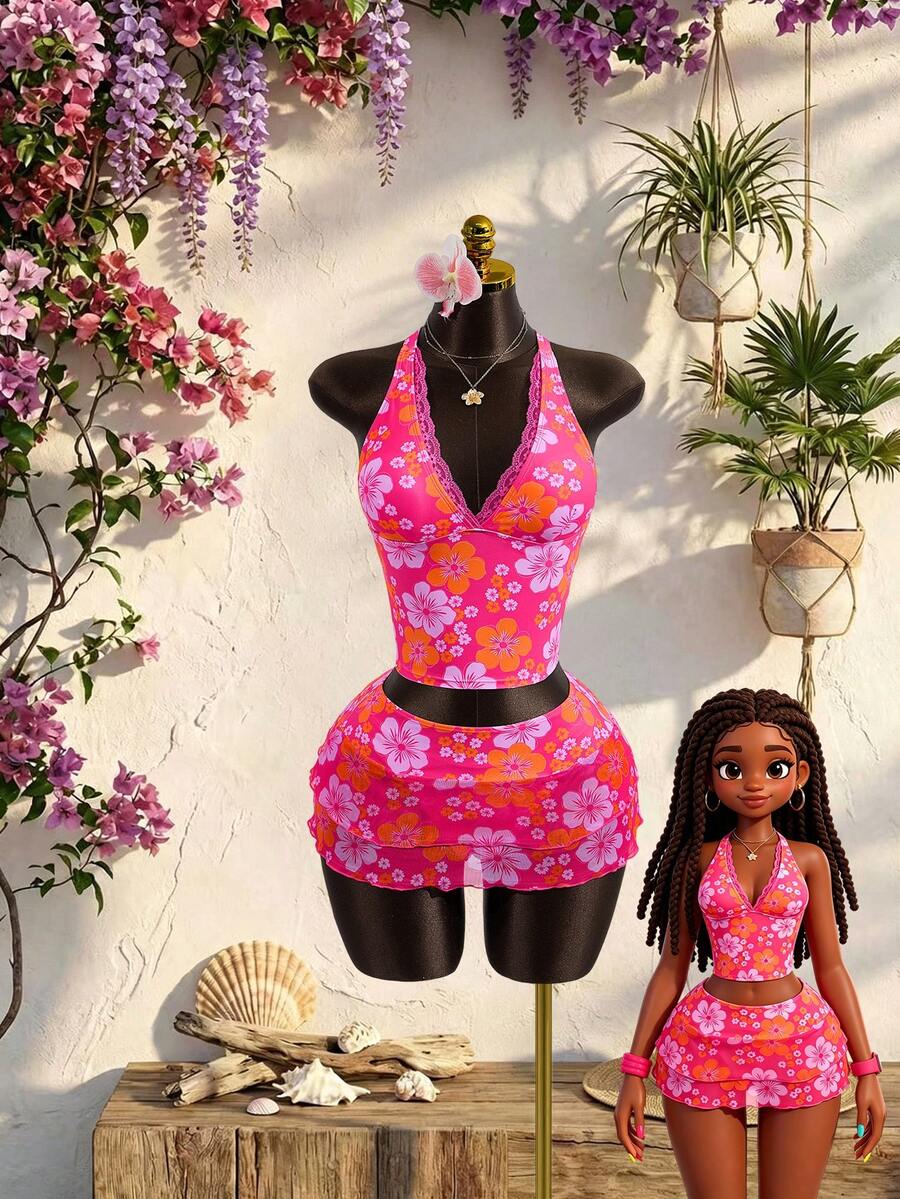 Zestiva Women's 3-Piece Swimsuit Set For Summer Beach Vacation, Lace Trim Halter Tankini Top With Tie Waist And Multi-Layered Ruffle Skirt - Multicolor - View 1