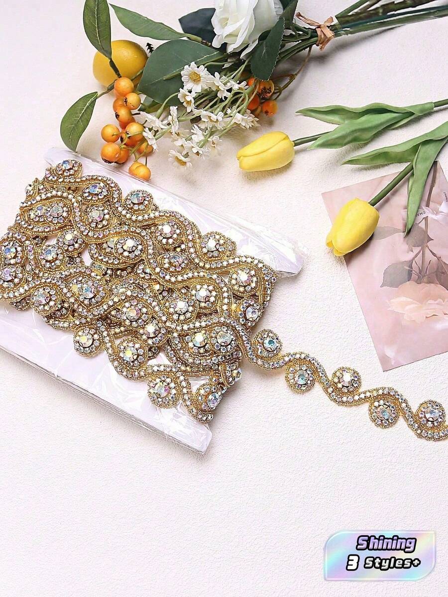 1pc Handmade Sparkly Bridal Headband - Diamante & Sequin Embroidered Wedding Sash, 3cm Width Bride Hair Accessory Elegant Wedding Tiara,Clothes Decoration Supplies Accessories,Home Decor,Wedding Decor(30/60/90cm) - Gold - View 1