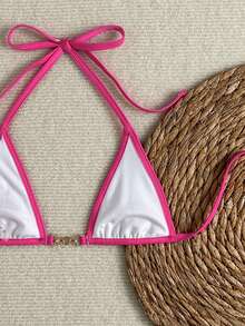 Swim Vcay Frauen Schwimm SXY Neuankömmling bedruckter Kontrast Farbe Spaghetti-Träger rückenfreies Mikro-Dreieck sexy Crop Top mit Metallperlen Dekor - Verschiedenfarbig - Übersicht 6