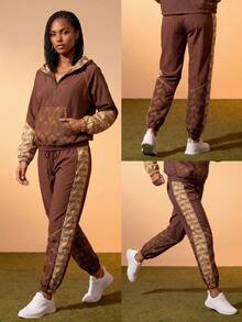 Quần jogger thể thao nữ có dây rút ở eo, in họa tiết. - màu nâu - Xem 4