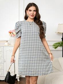 SHEIN Clasi 大码女式格子印花泡泡袖复活节连衣裙，商务休闲风 - 彩色 - 查看 9