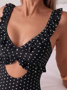 SHEIN Swim Mod 2026 Spring/Summer New Leopard Print Random Floral Adjustable Spaghetti Strap V-Neck Ruffled One-Piece Bikini Swimsuit - Black and White - View 4