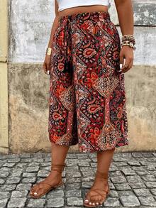 Breezaya Plus Size Women Allover Print Pocket Casual Versatile Daily Wear Pants - Red - View 3