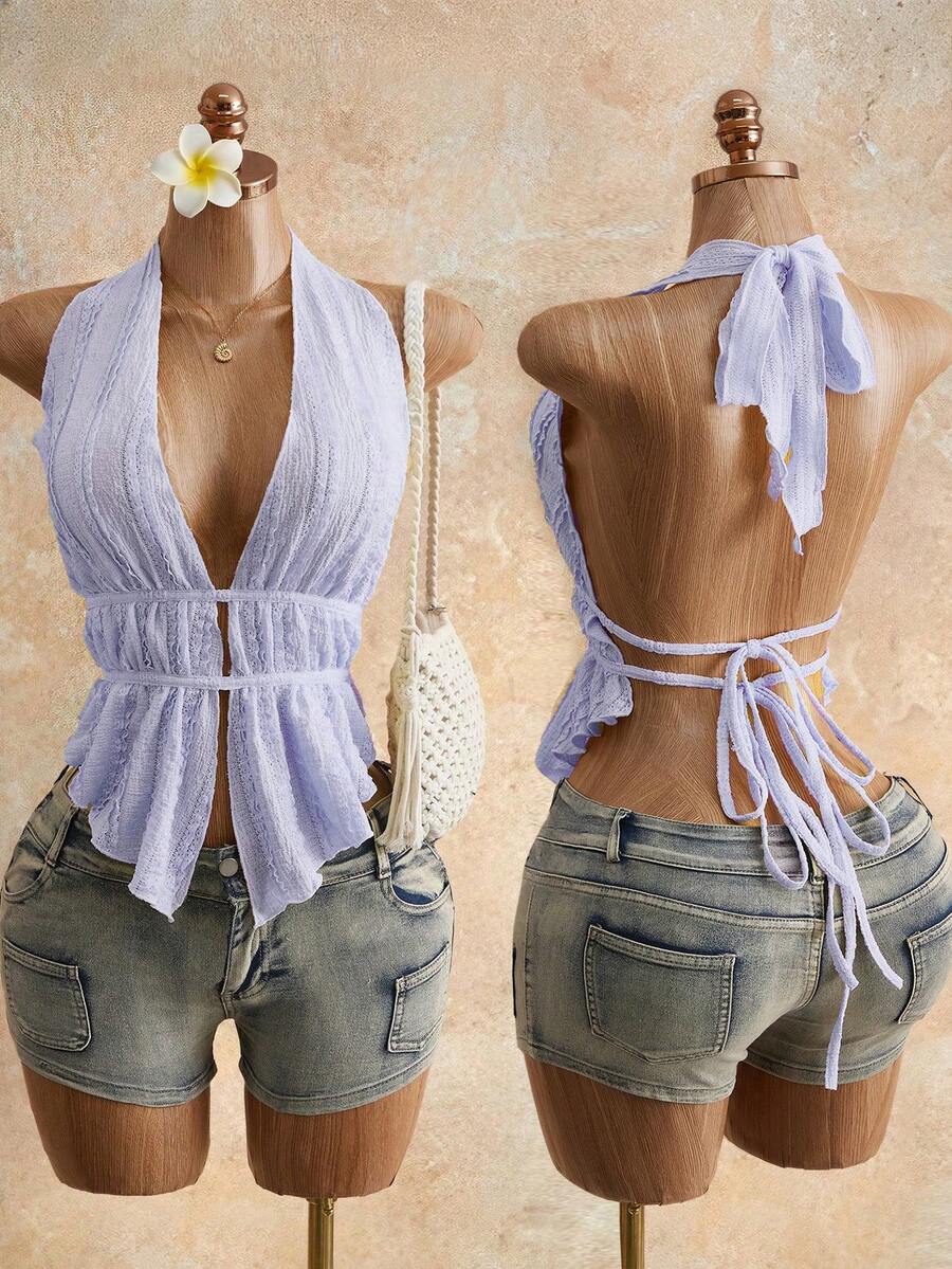 Mistrie Women's Jacquard Knit Sexy Backless Camisole Top For Vacation - Mauve Purple - View 1