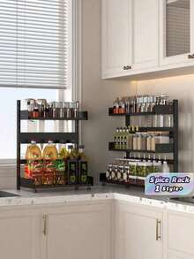 1PC Adjustable Height Multifunctional Kitchen Spice Rack Countertop Storage Organizer Shelf Rustproof Space Saving Black Home Must Have - Black - View 1