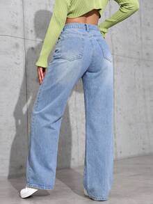 SHEIN ICON 女士口袋宽松阔腿休闲百搭牛仔裤 - 淺色水洗藍 - 查看 2