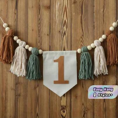 SHEIN 1PC Birthday Highchair Banner With Green And Brown Tassel Garland And Flower Wreath For Birthday Party Decoration And Photography Prop Christmas