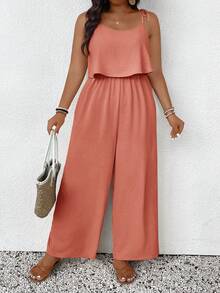 SHEIN Frenchy Plus Size Casual Vacation Textured Solid Color Jumpsuit - Pink - View 4