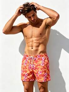 Manfinity Swimmode 男士橘色花卉夏季沙灘短褲，波西米亞度假抽繩腰泳褲，夏威夷熱帶度假情侶短褲，男女適用 - 橘色 - 查看 4