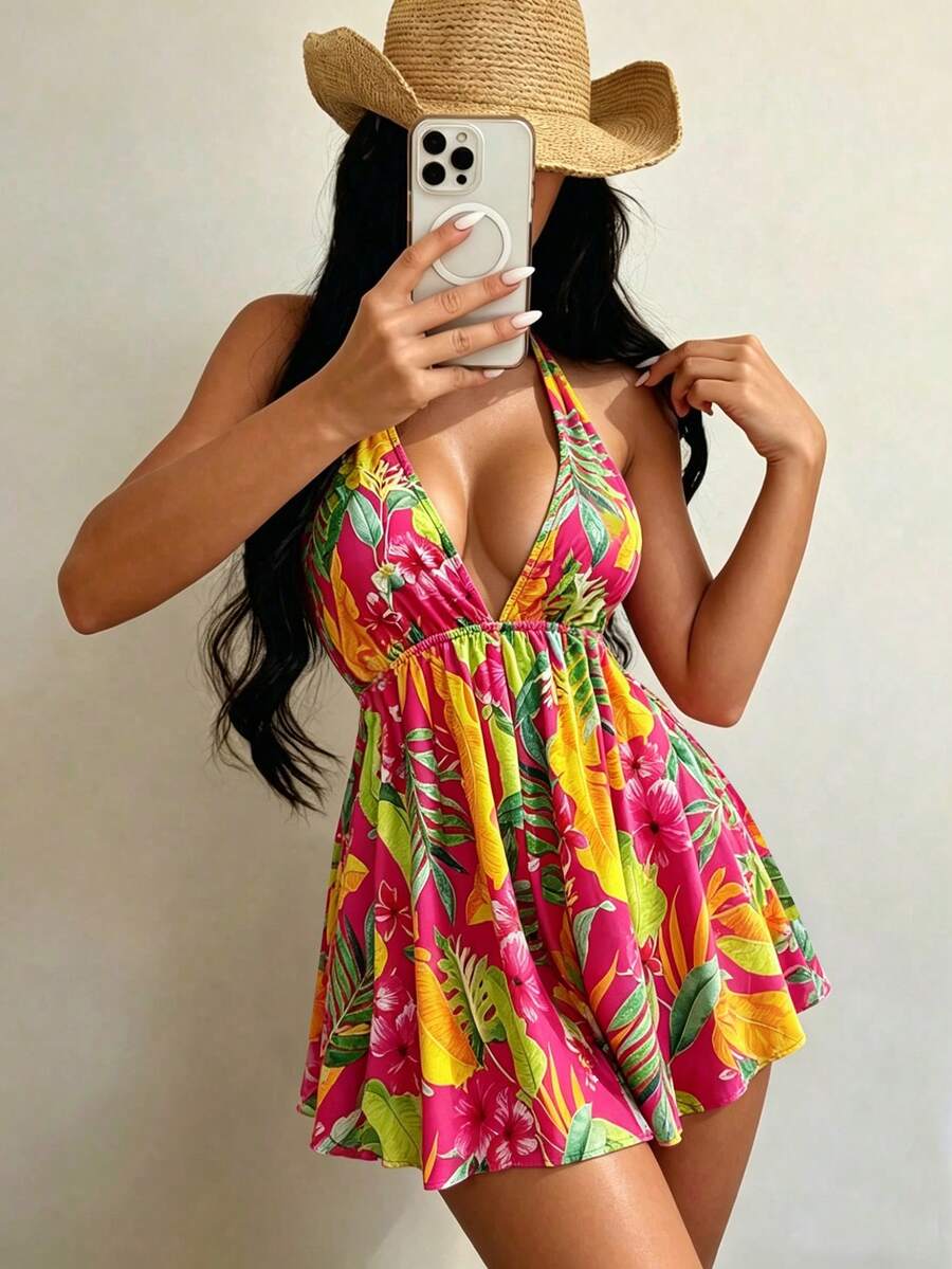 Slaydiva Women's Spring/Summer Printed Halter Waist-Cinched Wide-Leg Shorts Jumpsuit With Cover-Up - Red - View 1