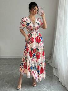Elenzga Vestido Longo com Decote em V, Babado na Barra e Estampa Floral para Mulheres - Multicolorido - Visão 5