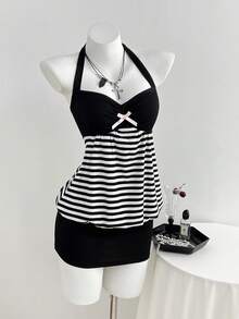 Elamini Y2K Retro Vacation Casual Versatile Striped Patchwork Mini Dress For Women - Multicolor - View 1