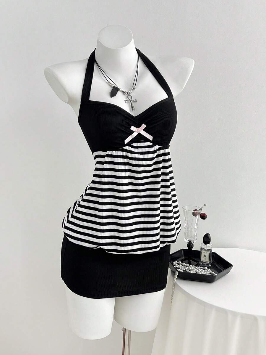 Elamini Y2K Retro Vacation Casual Versatile Striped Patchwork Mini Dress For Women - Multicolor - View 1