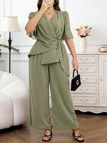 SHEIN Clasi 大码女式V领纯色上衣和裤子休闲两件套 - 薄荷綠 - 查看 10