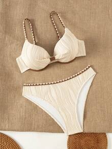 Swim Vcay Đồ bơi nữ thời trang và gợi cảm, với chất liệu vải gợn sóng, điểm nhấn là nơ, khóa cài màu nâu, viền bèo nhún, có gọng nâng đỡ, phù hợp cho kỳ nghỉ, bãi biển, tiệc tùng và hồ bơi. - Màu be - Xem 1