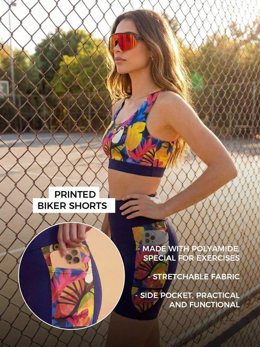 CAJUNI Quần legging ngắn có túi đựng điện thoại Estampa Fernanda´S Tucan - Màu xanh hải quân - Xem 1